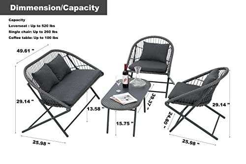 Brafab 4-Piece All-Weather Wicker Patio Furniture Set, Outdoor Furniture with Olefin Cushions, Patio Conversation Sets with Steel Frame, for Backyard Porch Deck Garden Balcony Poolside, Dark Grey