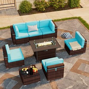 amopatio 8 pieces patio furniture set outdoor with gas fire pit table, pe wicker pit conversation sets, 44″ gas fire patio sectional furniture with sky blue cushions, coffee table, 2 waterproof covers