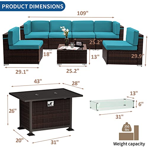 Amopatio 8 Pieces Patio Furniture Set Outdoor with Gas Fire Pit Table, PE Wicker Pit Conversation Sets, 44" Gas Fire Patio Sectional Furniture with Sky Blue Cushions, Coffee Table, 2 Waterproof Covers