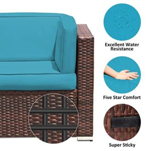 Amopatio 8 Pieces Patio Furniture Set Outdoor with Gas Fire Pit Table, PE Wicker Pit Conversation Sets, 44" Gas Fire Patio Sectional Furniture with Sky Blue Cushions, Coffee Table, 2 Waterproof Covers