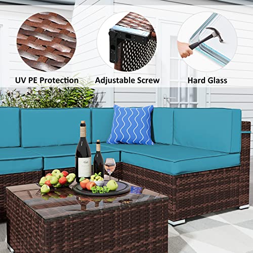 Amopatio 8 Pieces Patio Furniture Set Outdoor with Gas Fire Pit Table, PE Wicker Pit Conversation Sets, 44" Gas Fire Patio Sectional Furniture with Sky Blue Cushions, Coffee Table, 2 Waterproof Covers