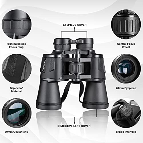 Binoculars for Adults - 20x50 High Power Binoculars for Bird Watching 28mm Large Eyepiece Waterproof Binoculars Hunting Hiking Concert Travel with Smartphone Adapter BAK4 Prism FMC Lens, Black