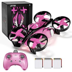 untei 2 in 1 mini drone for kids remote control drone with land mode or fly mode, led lights,auto hovering, 3d flip,headless mode and 3 batteries,toys gifts for boys girls (harbor pink)