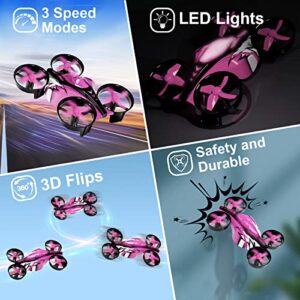 UNTEI 2 In 1 Mini Drone for Kids Remote Control Drone with Land Mode or Fly Mode, LED Lights,Auto Hovering, 3D Flip,Headless Mode and 3 Batteries,Toys Gifts for Boys Girls (Harbor Pink)