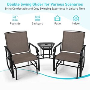 Giantex Outdoor Glider Chairs with Table & Umbrella Hole, Patio 2-Seat Rocking Chair Outside Loveseat Swing w/ Breathable Fabric for Garden, Backyard, Poolside, Lawn Metal Glider Bench(Brown)