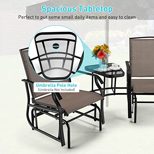 Giantex Outdoor Glider Chairs with Table & Umbrella Hole, Patio 2-Seat Rocking Chair Outside Loveseat Swing w/ Breathable Fabric for Garden, Backyard, Poolside, Lawn Metal Glider Bench(Brown)