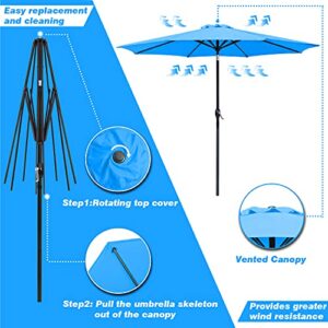 Greesum 9FT Patio Umbrella Outdoor Market Table Umbrella with Push Button Tilt, Crank and 8 Sturdy Ribs for Garden, Lawn,Backyard & Pool,Blue