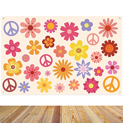 Hippie Groovy Backdrop Banner 60's70's Party Background Extra Large Backdrops Boho Flower Peace Logo Party Sign Scene Setters Wall Decoration Supplies for Indoor Outdoor Photo Booth Props