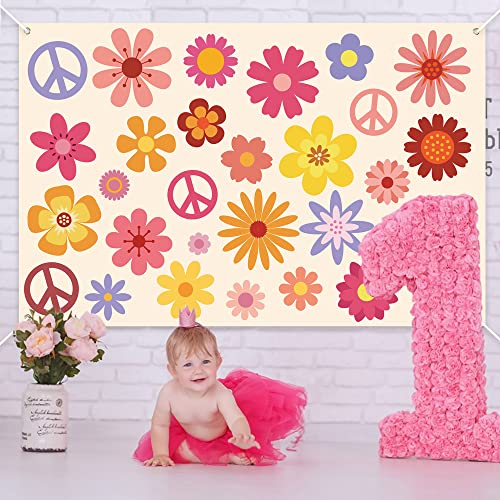 Hippie Groovy Backdrop Banner 60's70's Party Background Extra Large Backdrops Boho Flower Peace Logo Party Sign Scene Setters Wall Decoration Supplies for Indoor Outdoor Photo Booth Props