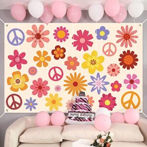 Hippie Groovy Backdrop Banner 60's70's Party Background Extra Large Backdrops Boho Flower Peace Logo Party Sign Scene Setters Wall Decoration Supplies for Indoor Outdoor Photo Booth Props