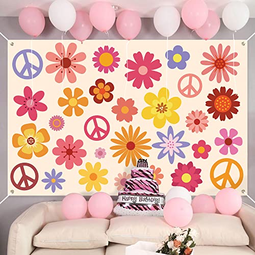 Hippie Groovy Backdrop Banner 60's70's Party Background Extra Large Backdrops Boho Flower Peace Logo Party Sign Scene Setters Wall Decoration Supplies for Indoor Outdoor Photo Booth Props