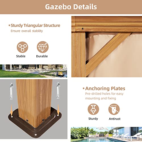 MELLCOM 10' x 12' Hardtop Gazebo, Wooden Finish Coated Aluminum Frame Gazebo with Galvanized Steel Double Roof, Brown Metal Gazebo with Curtains and Nettings for Patio, Lawn & Garden