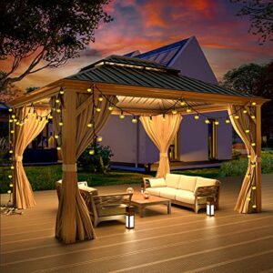 MELLCOM 10' x 12' Hardtop Gazebo, Wooden Finish Coated Aluminum Frame Gazebo with Galvanized Steel Double Roof, Brown Metal Gazebo with Curtains and Nettings for Patio, Lawn & Garden