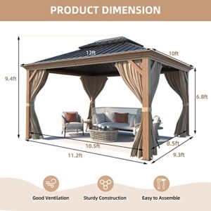 MELLCOM 10' x 12' Hardtop Gazebo, Wooden Finish Coated Aluminum Frame Gazebo with Galvanized Steel Double Roof, Brown Metal Gazebo with Curtains and Nettings for Patio, Lawn & Garden