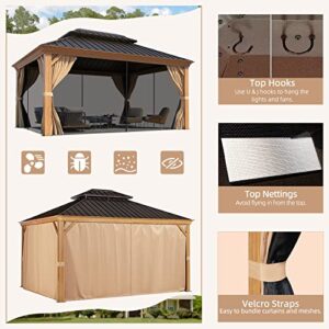 MELLCOM 10' x 12' Hardtop Gazebo, Wooden Finish Coated Aluminum Frame Gazebo with Galvanized Steel Double Roof, Brown Metal Gazebo with Curtains and Nettings for Patio, Lawn & Garden