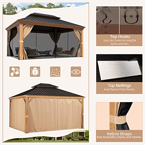 MELLCOM 10' x 12' Hardtop Gazebo, Wooden Finish Coated Aluminum Frame Gazebo with Galvanized Steel Double Roof, Brown Metal Gazebo with Curtains and Nettings for Patio, Lawn & Garden