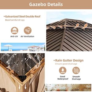 MELLCOM 10' x 12' Hardtop Gazebo, Wooden Finish Coated Aluminum Frame Gazebo with Galvanized Steel Double Roof, Brown Metal Gazebo with Curtains and Nettings for Patio, Lawn & Garden