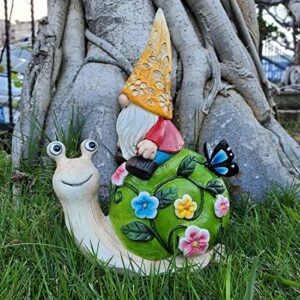 cynice garden gnome statue outdoor decor – garden gnomes sitting on snail statue for garden yard patio lawn decorations,gnome gifts