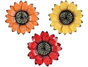 yeahome metal flower wall decor – 9 inch wall art decorations sunflower spring yard garden decor hanging for bathroom, bedroom, living room – office/home spring decorations boho art, set of 3 handmade gift for indoor or outdoor