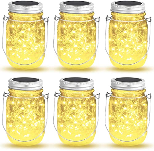 Hanging Mason Jar Solar Lights - 6 Pack 40 LED Fairy Lights Solar Powered with Jars and Hangers, Solar Lanterns Outdoor Waterproof, Decorative Solar Lanterns for Home Garden Patio Party Wedding