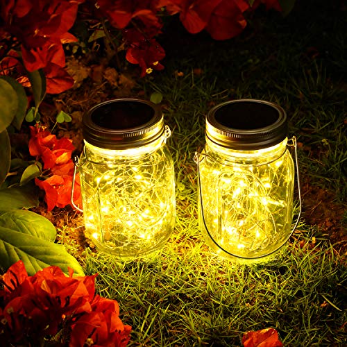 Hanging Mason Jar Solar Lights - 6 Pack 40 LED Fairy Lights Solar Powered with Jars and Hangers, Solar Lanterns Outdoor Waterproof, Decorative Solar Lanterns for Home Garden Patio Party Wedding