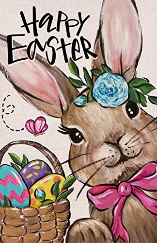 Covido Home Decorative Happy Easter Rabbit Bunny Garden Flag, Colorful Easter Eggs Yard Outside Decorations, Outdoor Small Decor Double Sided 12x18