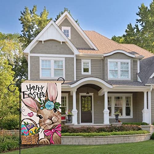 Covido Home Decorative Happy Easter Rabbit Bunny Garden Flag, Colorful Easter Eggs Yard Outside Decorations, Outdoor Small Decor Double Sided 12x18