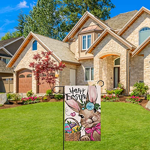 Covido Home Decorative Happy Easter Rabbit Bunny Garden Flag, Colorful Easter Eggs Yard Outside Decorations, Outdoor Small Decor Double Sided 12x18