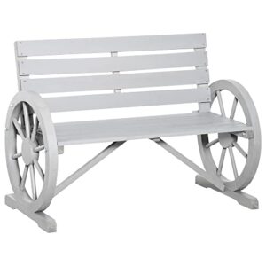 outsunny wooden wagon wheel bench, rustic outdoor patio furniture, 2-person seat bench with backrest, light grey
