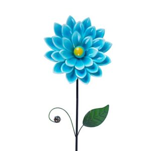 large metal flowers stake, floral garden stake outdoor metal garden stake indoor metal flower decor for yard outdoor lawn pathway patio ornaments 37″,blue