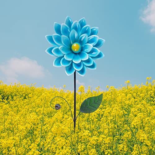 Large Metal Flowers Stake, Floral Garden Stake Outdoor Metal Garden Stake Indoor Metal Flower Decor for Yard Outdoor Lawn Pathway Patio Ornaments 37",Blue