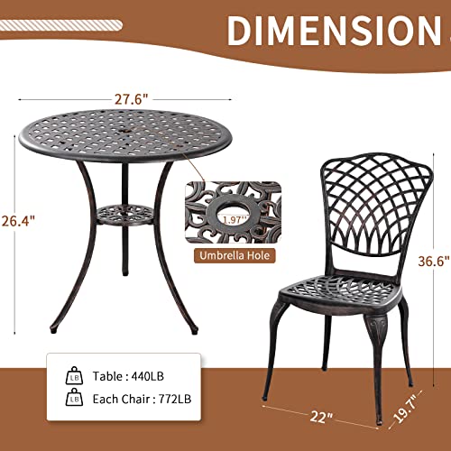 Withniture Patio Bistro Set 3 Piece Outdoor Cast Aluminum Bistro Set,Aluminum Table and Chairs Set with Umbrella Hole,All Weather Outdoor Bistro Set for Front Proch Set Garden Bistro Sets (Bronze)