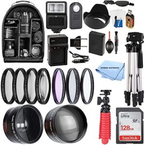 58mm accessory bundle for canon eos rebel t7, t6, t5, t3, t100, 4000d, 2000d, 3000d and more with 128gb sandisk memory card, wide angle lens, telephoto lens, tripod, backpack w/extreme elec cloth