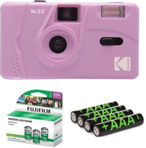 kodak m35 35mm film camera, film and battery bundle: includes 3 packs of fujifilm color negative films (36 exposures each), 4 pack aaa alkaline batteries (purple)