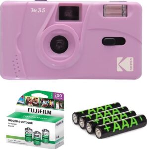 Kodak M35 35mm Film Camera, Film and Battery Bundle: Includes 3 Packs of Fujifilm Color Negative Films (36 Exposures Each), 4 Pack AAA Alkaline Batteries (Purple)