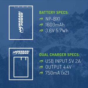 Wasabi Power NP-BX1 Battery (2-Pack) and Dual USB Charger for Sony NP-BX1/M8, Cyber-Shot DSC-HX95, HX99, HX350, RX1, RX1R II, RX100 (II/III/IV/V/VA/VI/VII), FDR-X3000, HDR-AS50, AS300, ZV-1 and More