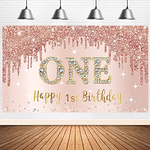 Happy 1st Birthday Banner Backdrop Decorations for Girls, Rose Gold 1 Year Old Birthday Party Sign Supplies, Pink One Birthday Poster Background Photo Booth Props Decor