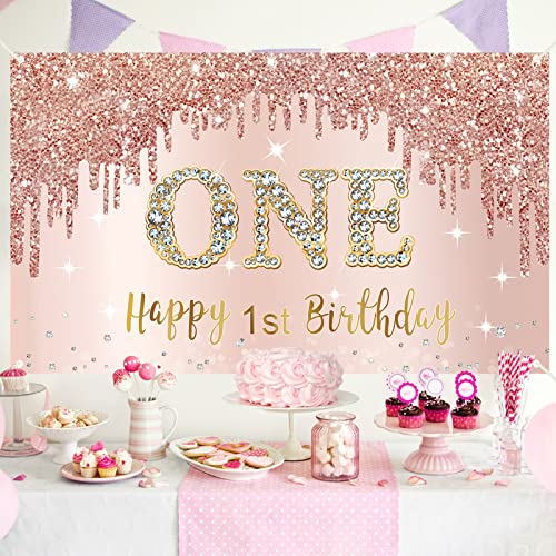 Happy 1st Birthday Banner Backdrop Decorations for Girls, Rose Gold 1 Year Old Birthday Party Sign Supplies, Pink One Birthday Poster Background Photo Booth Props Decor