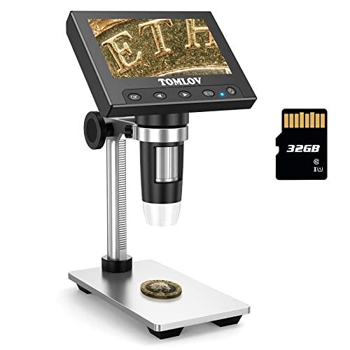 TOMLOV DM4 Coin Microscope 1000X with 4.3" Screen, 720P LCD Microscope with Metal Stand, 8 Adjustable LED Lights, PC View for Kids Adults, Windows Compatible, 32GB TF Card Included