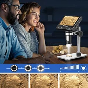 TOMLOV DM4 Coin Microscope 1000X with 4.3" Screen, 720P LCD Microscope with Metal Stand, 8 Adjustable LED Lights, PC View for Kids Adults, Windows Compatible, 32GB TF Card Included