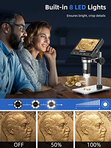 TOMLOV DM4 Coin Microscope 1000X with 4.3" Screen, 720P LCD Microscope with Metal Stand, 8 Adjustable LED Lights, PC View for Kids Adults, Windows Compatible, 32GB TF Card Included