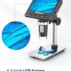 TOMLOV DM4 Coin Microscope 1000X with 4.3" Screen, 720P LCD Microscope with Metal Stand, 8 Adjustable LED Lights, PC View for Kids Adults, Windows Compatible, 32GB TF Card Included