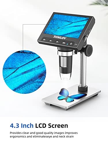 TOMLOV DM4 Coin Microscope 1000X with 4.3" Screen, 720P LCD Microscope with Metal Stand, 8 Adjustable LED Lights, PC View for Kids Adults, Windows Compatible, 32GB TF Card Included