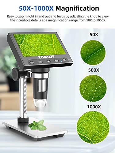 TOMLOV DM4 Coin Microscope 1000X with 4.3" Screen, 720P LCD Microscope with Metal Stand, 8 Adjustable LED Lights, PC View for Kids Adults, Windows Compatible, 32GB TF Card Included