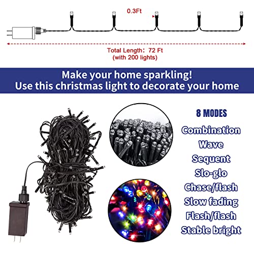 Attmu 72.2ft Christmas Lights, 8 Modes String Lights Outdoor Fairy Lights, 200 LED Waterproof Christmas Decorations for House Home Christmas Tree Valentines Lights Indoor Garden Holiday