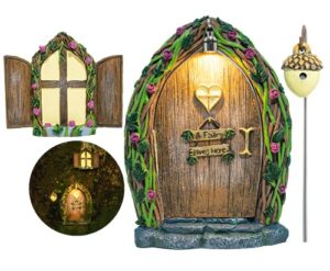 opening fairy door and window for trees with light – glow in the dark yard art sculpture decoration for kids room, wall and trees outdoor | miniature fairy garden outdoor decor accessories