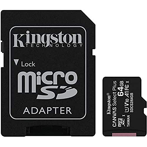 Kingston 64GB microSDXC Canvas Select Plus 100MB/s Read A1 Class 10 UHS-I Memory Card + Adapter (SDCS2/64GB)