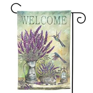 lavender flower garden flag double sided, funny hummingbird bird welcome yard flags for outdoor porch lawn home decor 12 x 18 inch
