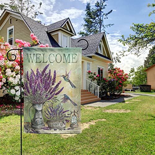 Lavender Flower Garden Flag Double Sided, Funny Hummingbird Bird Welcome Yard Flags for Outdoor Porch Lawn Home Decor 12 x 18 Inch