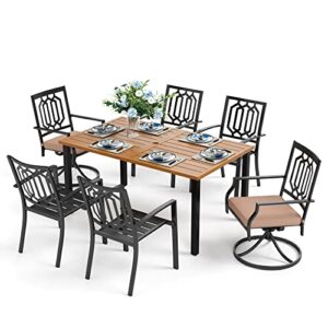 hera’s house 7 pieces patio dining set, 60″ wood look table, 4 metal chairs and 2 swivel chairs, 6-person outdoor table and chairs set for lawn garden backyard